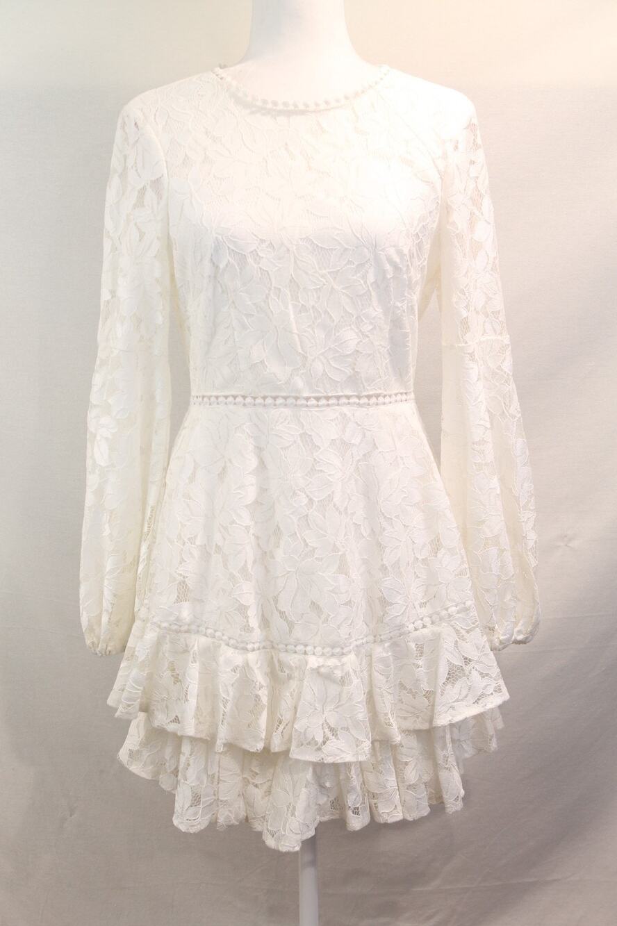 Saints + Secrets Floral Tiered Lace Bridal Mini Dress Womens M White Open Back